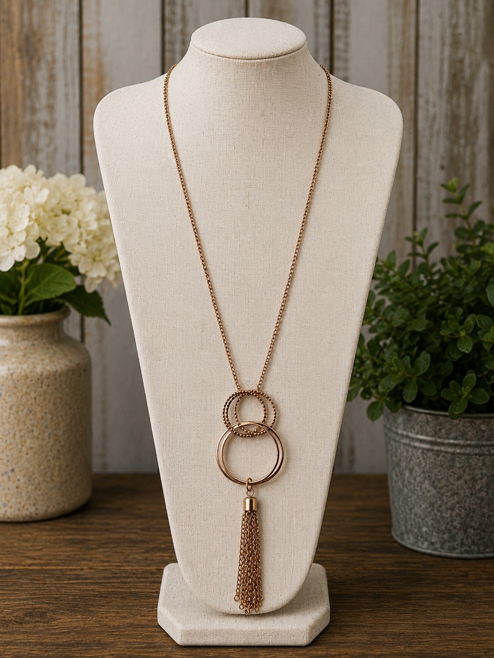 Rose Gold Layered Ring Tassel Necklace